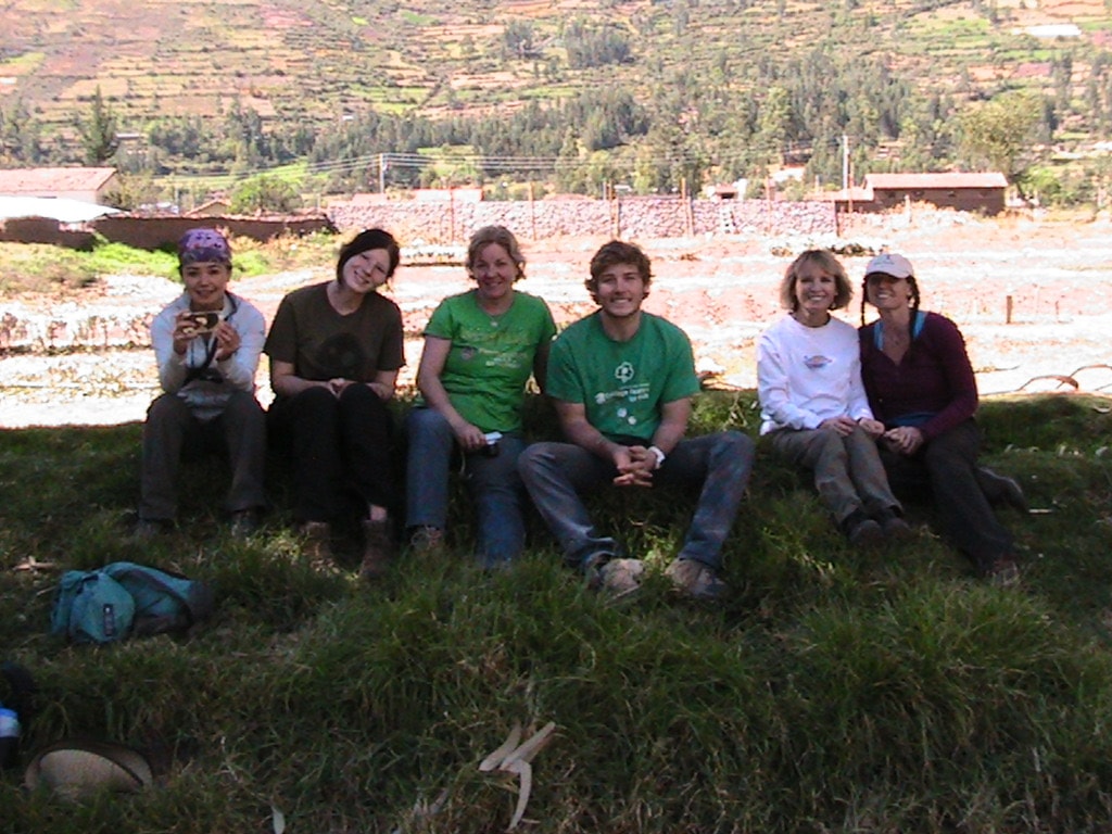 After a day of hiking and construction some of the team relax on the bank; From left: Fandra Chang, Madeline Cardon, Cindy Cardon, Charlie Cardon, Lynda Muenzer, Mandy Muenzer.